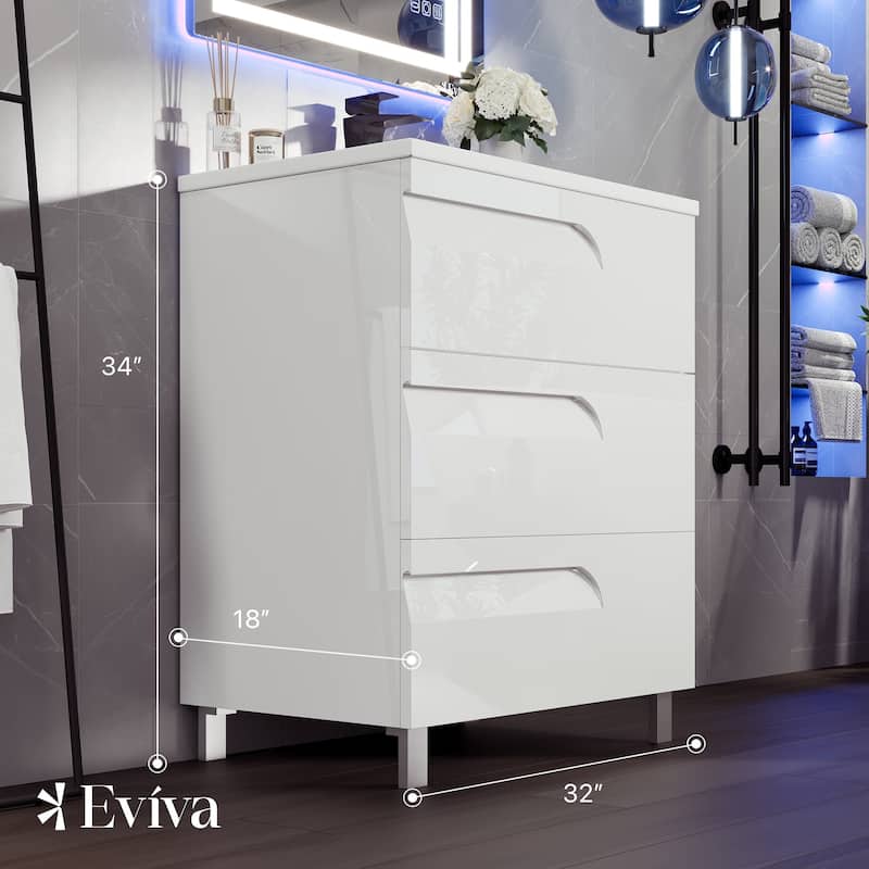 Eviva Joy 32"W White Freestanding Bath Vanity with Porcelain Top