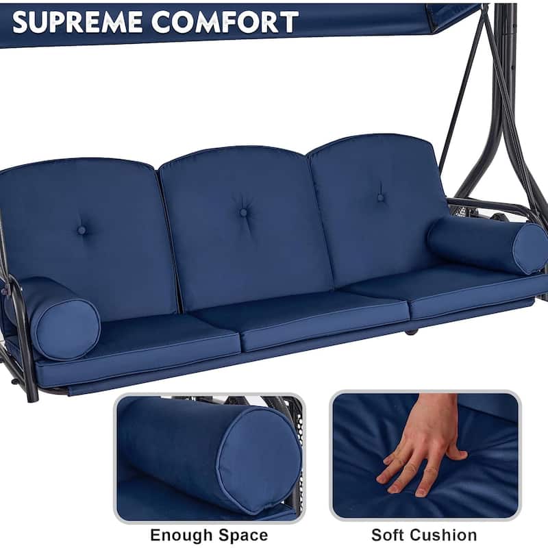 Outdoor 3-Seat Porch Swing with Adjustable Canopy & Cup Holder,Porch Swing Glider Chair, Heavy-Duty Steel Frame