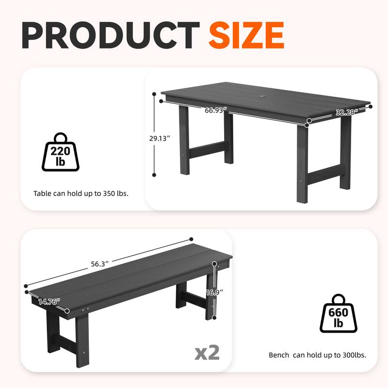 3-Piece HDPE Outdoor Dining Set with Umbrella Hole Table and Two 2-Person Benches