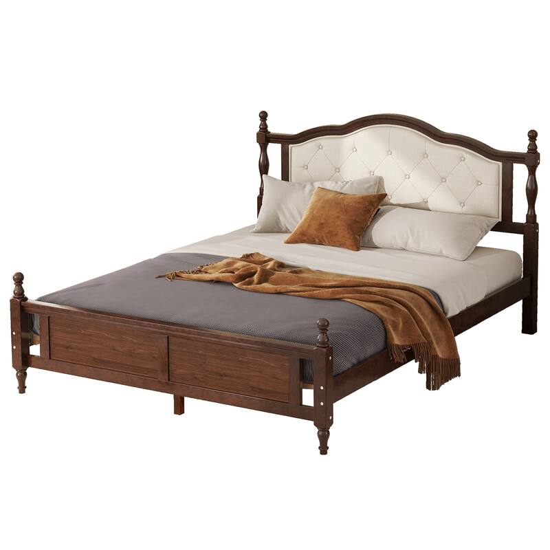 Queen Pine Wooden Bed with Upholstered Headboard and Panel Footboard, Walnut
