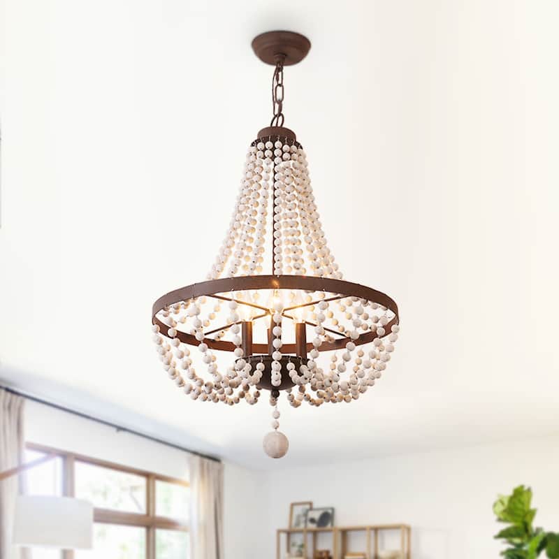 CurveCurio Farmhouse Chandelier 4 Blubs Antique Wood Chandelier for Bedroom, Porch and Kitchen