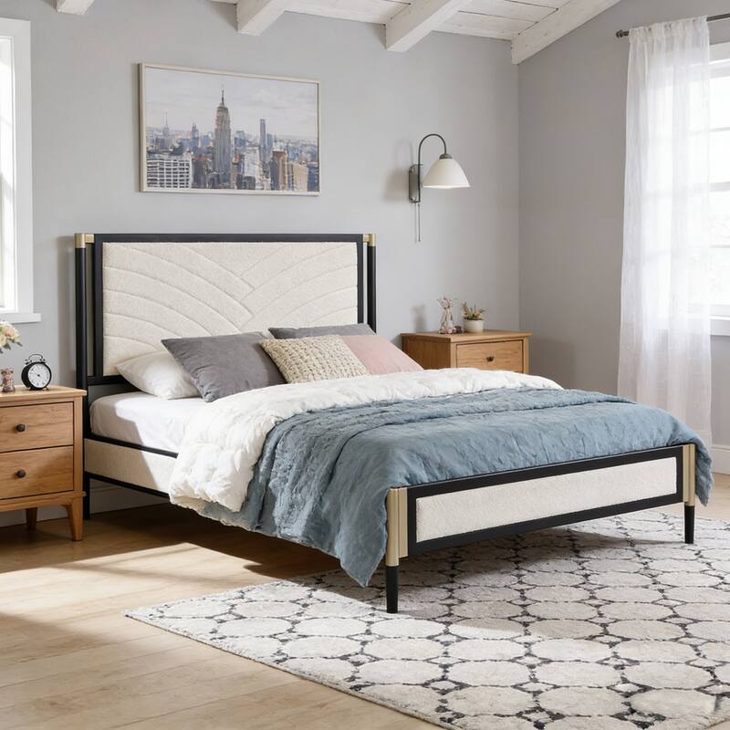 Roomfitters Metal Platform Bed Frame with White Boucle Headboard and Wood Slats, White and Black - Queen