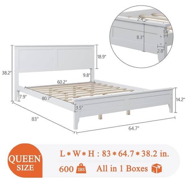dimension image slide 5 of 9, Modern Style, Solid Wood Bed Frame with MDF Headboard and Footboard