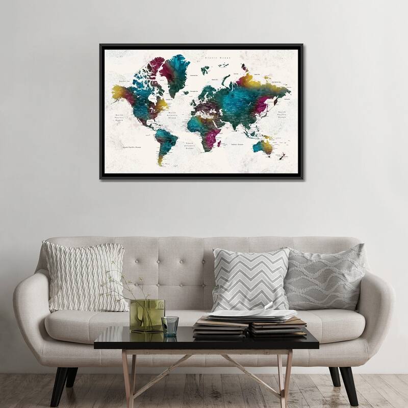iCanvas "Charleena Detailed Watercolor World Map With Cities" by blursbyai Framed Canvas Print