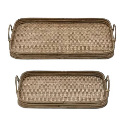 Wood and Rattan Tray (Set of 2) - 17 x 10.5 x 3.5 - 17 x 10.5 x 3.5