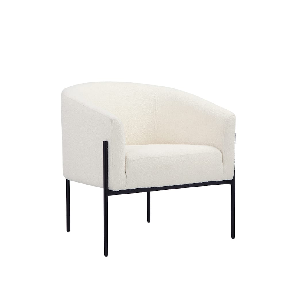 Mae 29 Inch Accent Armchair, Barrel, White Boucle Upholstery, Black Metal