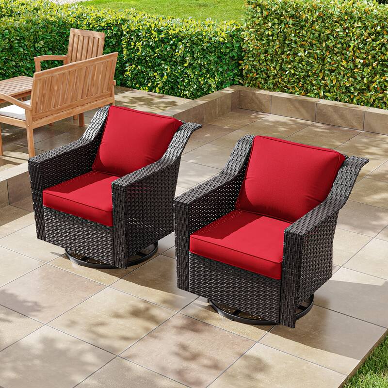 Cozywor Outdoor Patio Swivel Rattan Rocking Wicker Chairs Set of 2 for Backyard Porch Deck, Metal Rocking Frame - N/A - Red