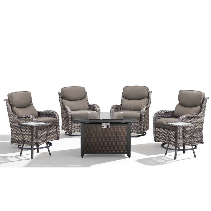 Meyreso 7-Piece Outdoor Patio Wicker Fire Pit 4 person Conversation Set with 5-Inch Thick Cushions