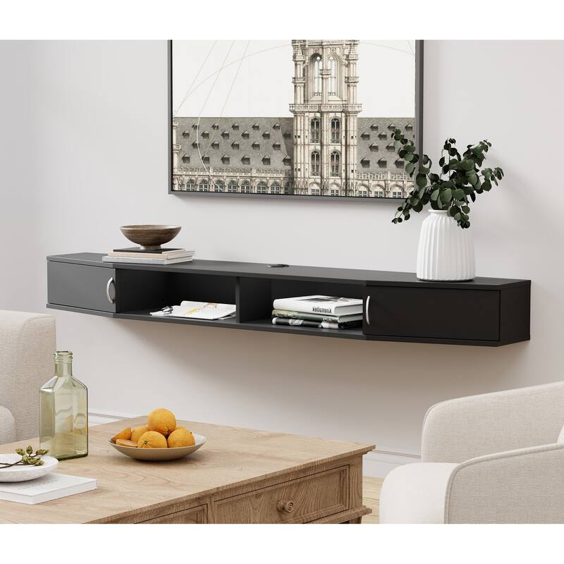 FITUEYES Floating Wall Mounted TV Console Storage Shelf Modern TV Stand Media Console, Walnut DS211802WW - 70'' - Black&16 Lights