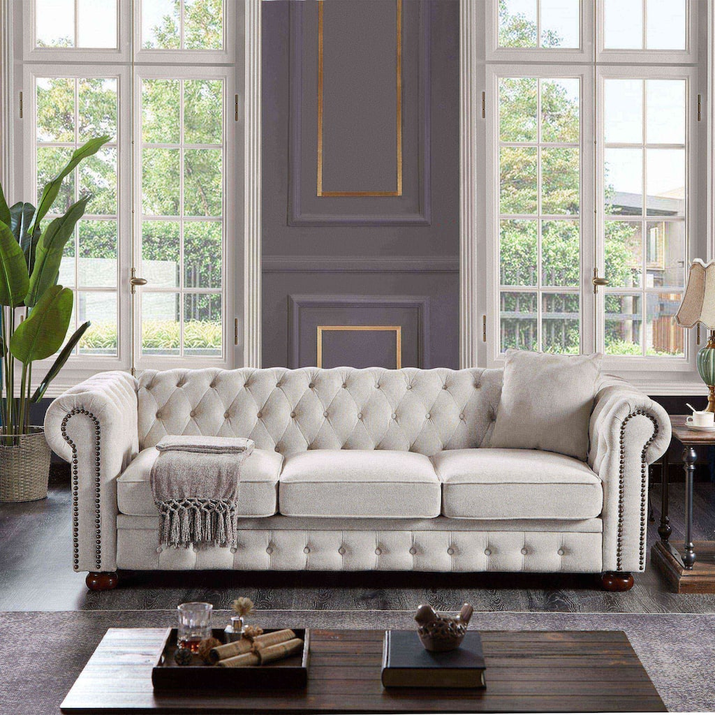 Elegant Linen Chesterfield Sofa with Bronze Nailhead Trim, Perfect for Living Room and Office