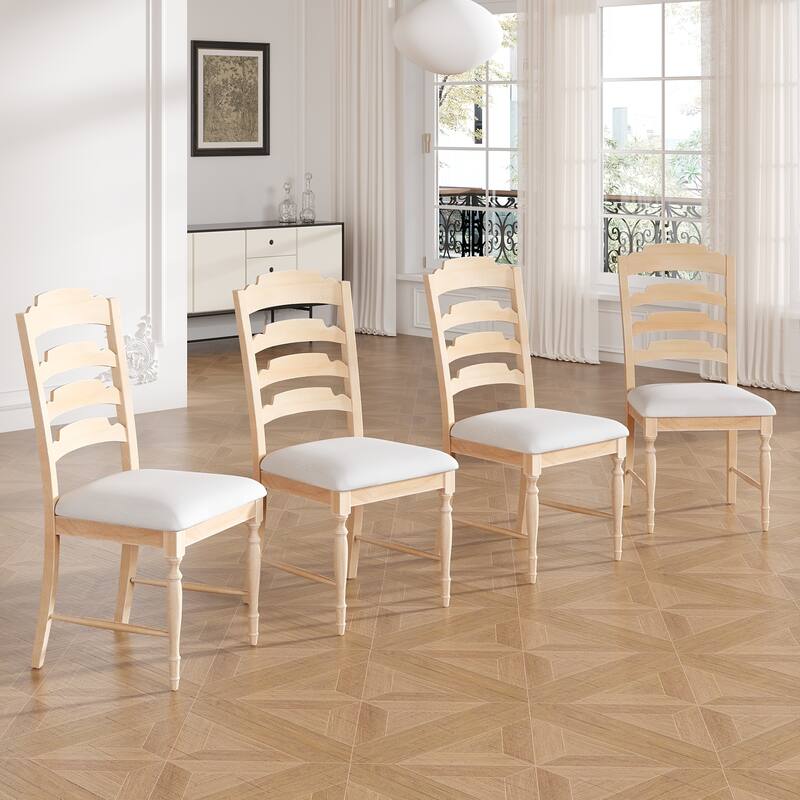 Vintage Distressed 4-Piece Dining Chairs with Padded Seat, Set of 4 Accent Chairs with Serrated Back - Natural