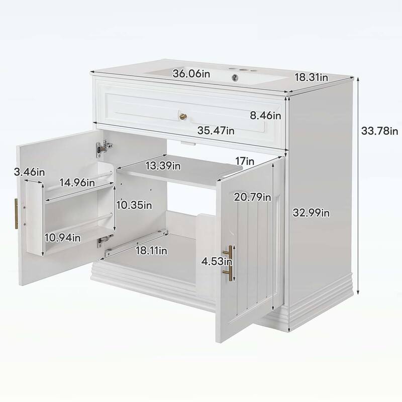 36 Inch Bathroom Vanity with Ceramic Sink,Soft Closing Doors,and Wood Frame for Elegant Storage