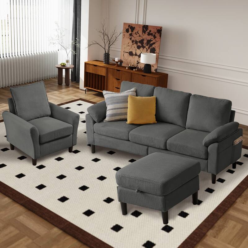 3 Pieces Corduroy Living Room Set with Sectional Sofa, Ottoman and Chair