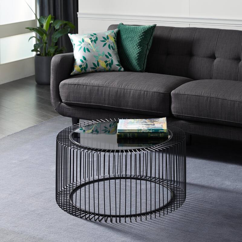 Metal Open Wire Frame Coffee Table with Shaded Glass Top - Black - Roche River Decor