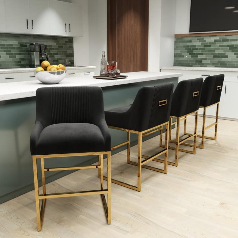 SEYNAR Modern Glam Velvet Golden Matel Frame Counter or High Bar Stools Set of 4 - Black