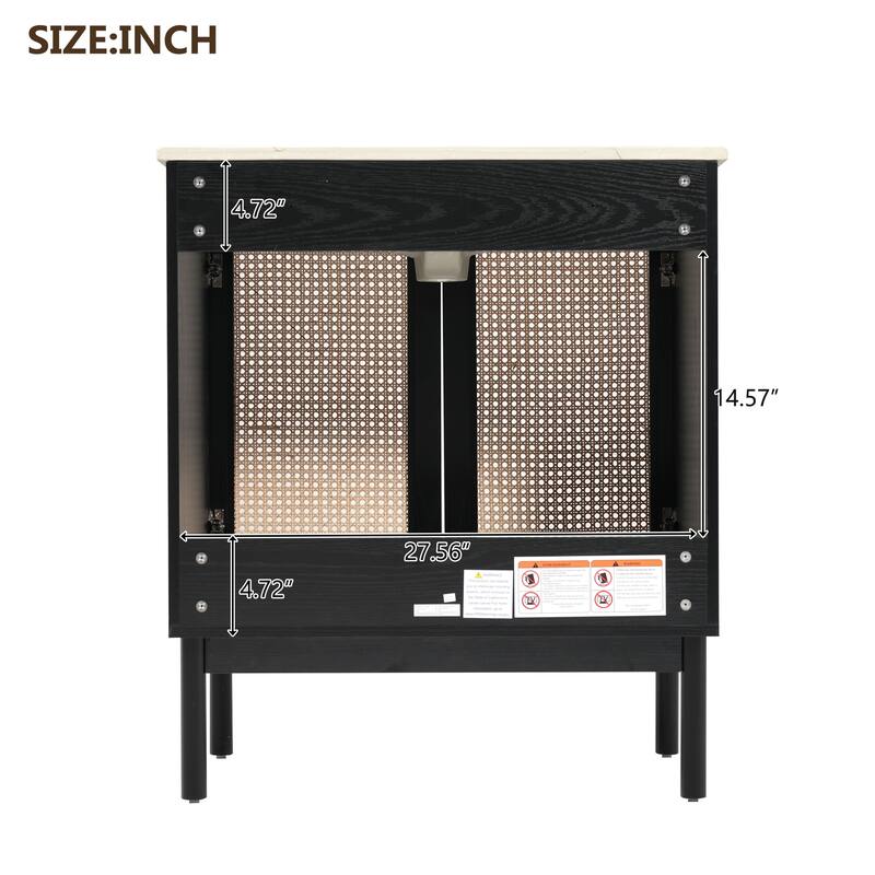 Boho Rattan Black Bathroom Vanity, Rectangular Ceramic Sink Bathroom Cabinet, 30" - 30 Inch
