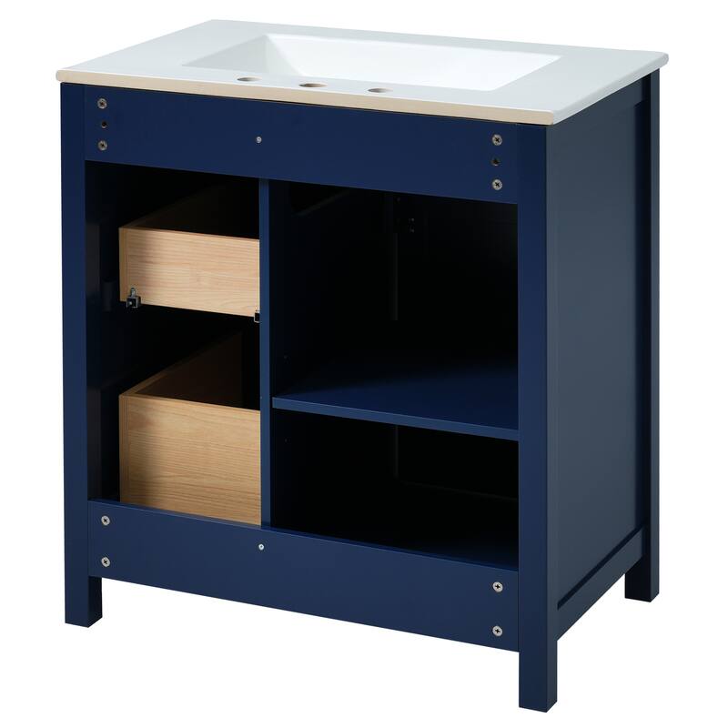 30-Inch Blue Bathroom Vanity with Ceramic Undermount Sink, 1 Soft-Close Door, 3 Storage Boxes, and Gold Handles
