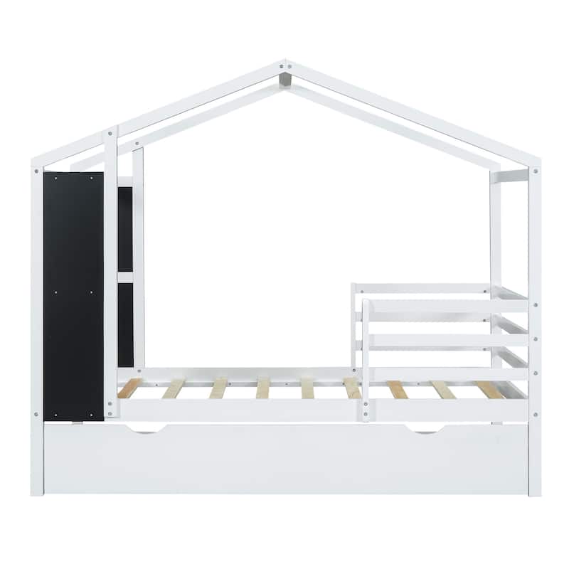 Wood House Bed with Fence and Writing Board
