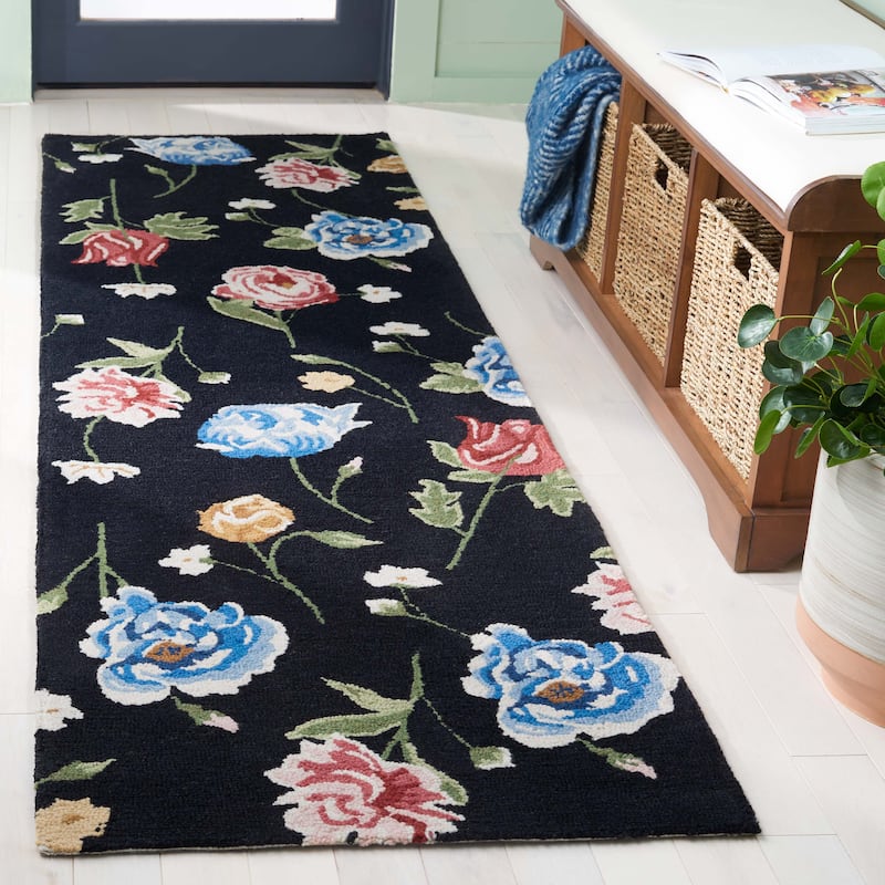SAFAVIEH Handmade Chelsea Bloomery French Country Floral Wool Rug - 2'3" x 8' Runner - Black/Red