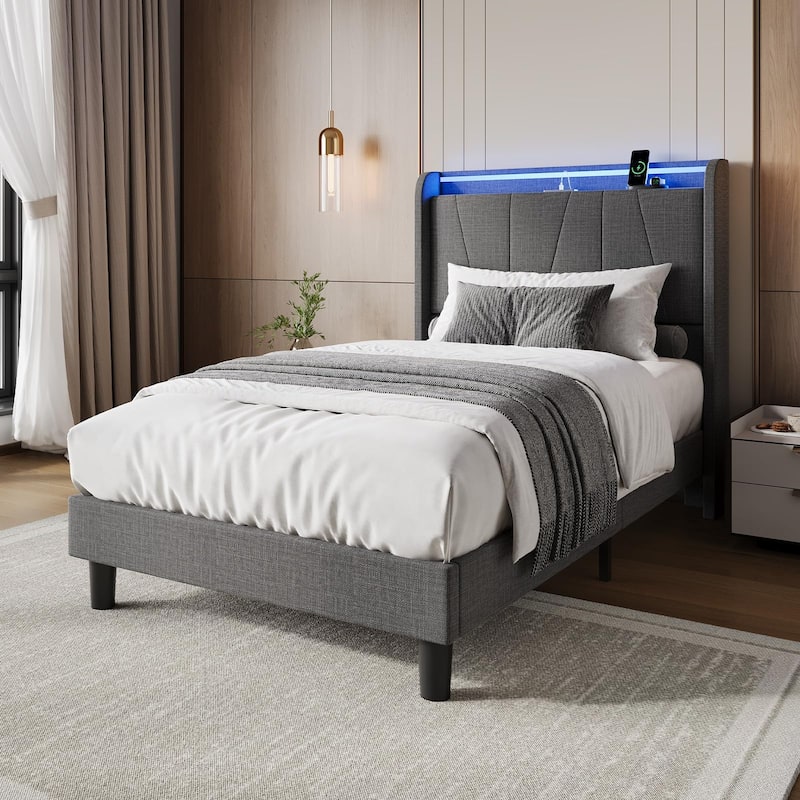 Bed Frame with Charging Station and LED Lights, Modern Platform Bed with Wooden Slats, Upholstered Headboard