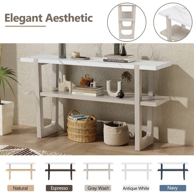 Wooden Narrow Console Table with Marble Effect Top, 54" Retro Rectangular Entryway Sofa Table with Open Shelf