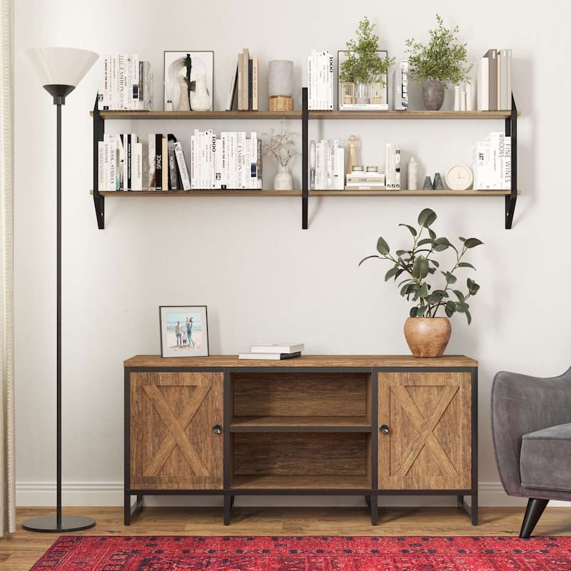 Wallniture Ponza 60" Floating Shelves, 2-Tier Wall Bookshelf, Burnt, Wood