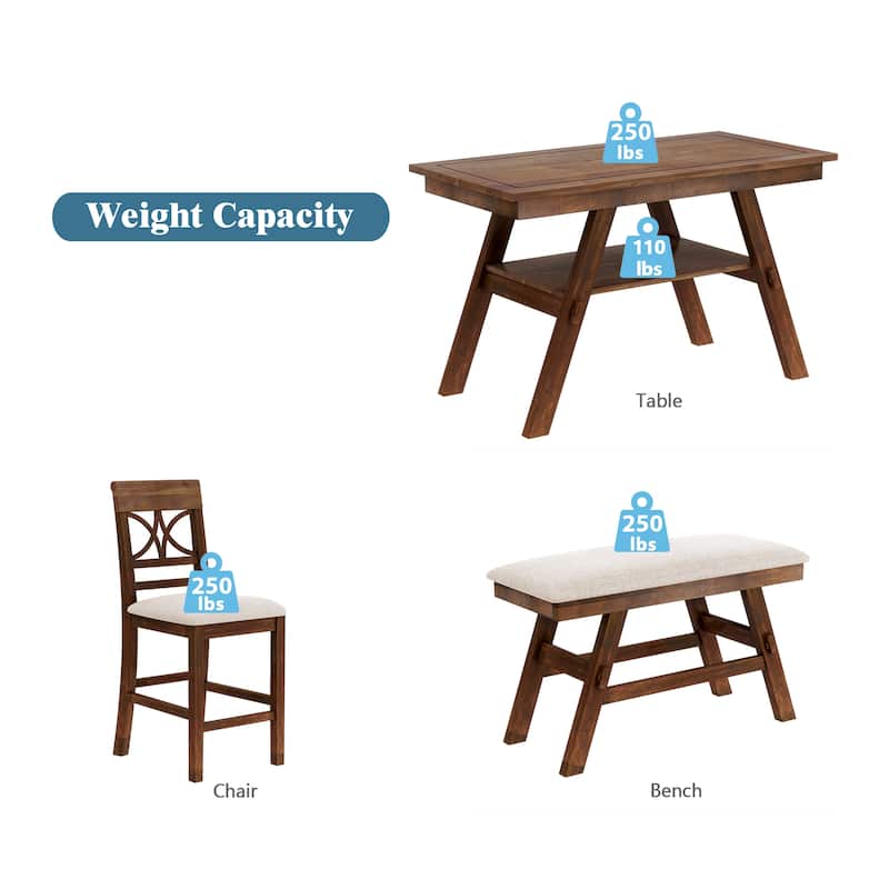 6-Piece Rustic Dining Set with Storage Shelf, Bench & 4 Chairs