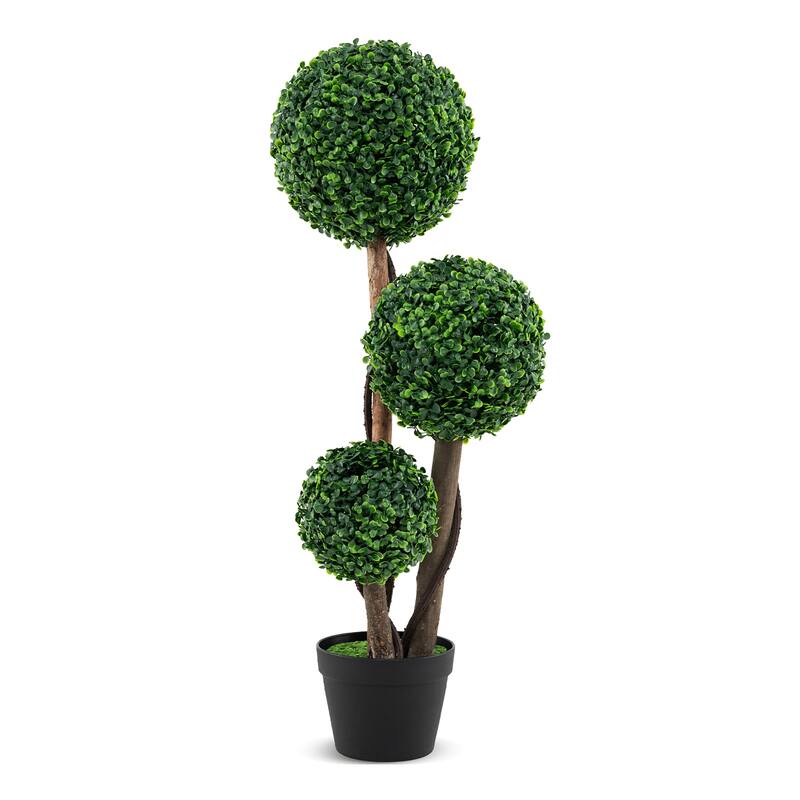 Gymax 36'' Faux Potted Plant w/3 Topiary Balls Solid Wood Trunks Mimic - Green