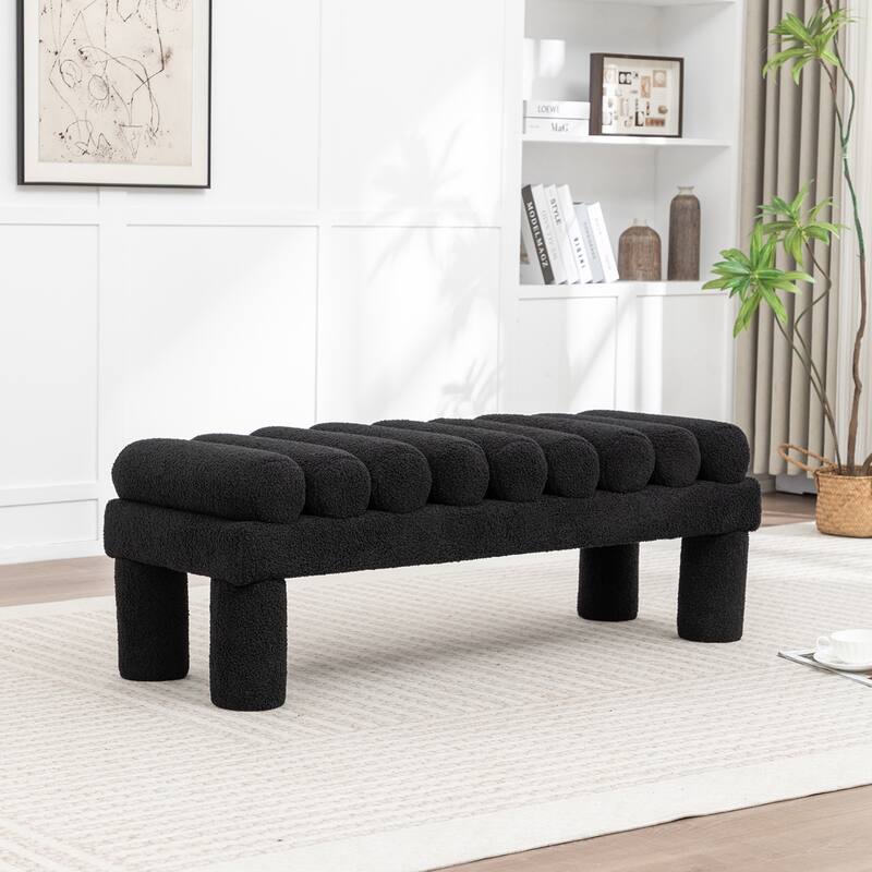 SEYNAR Modern Teddy Velvet Upholstered Rentangle Ottoman - Black