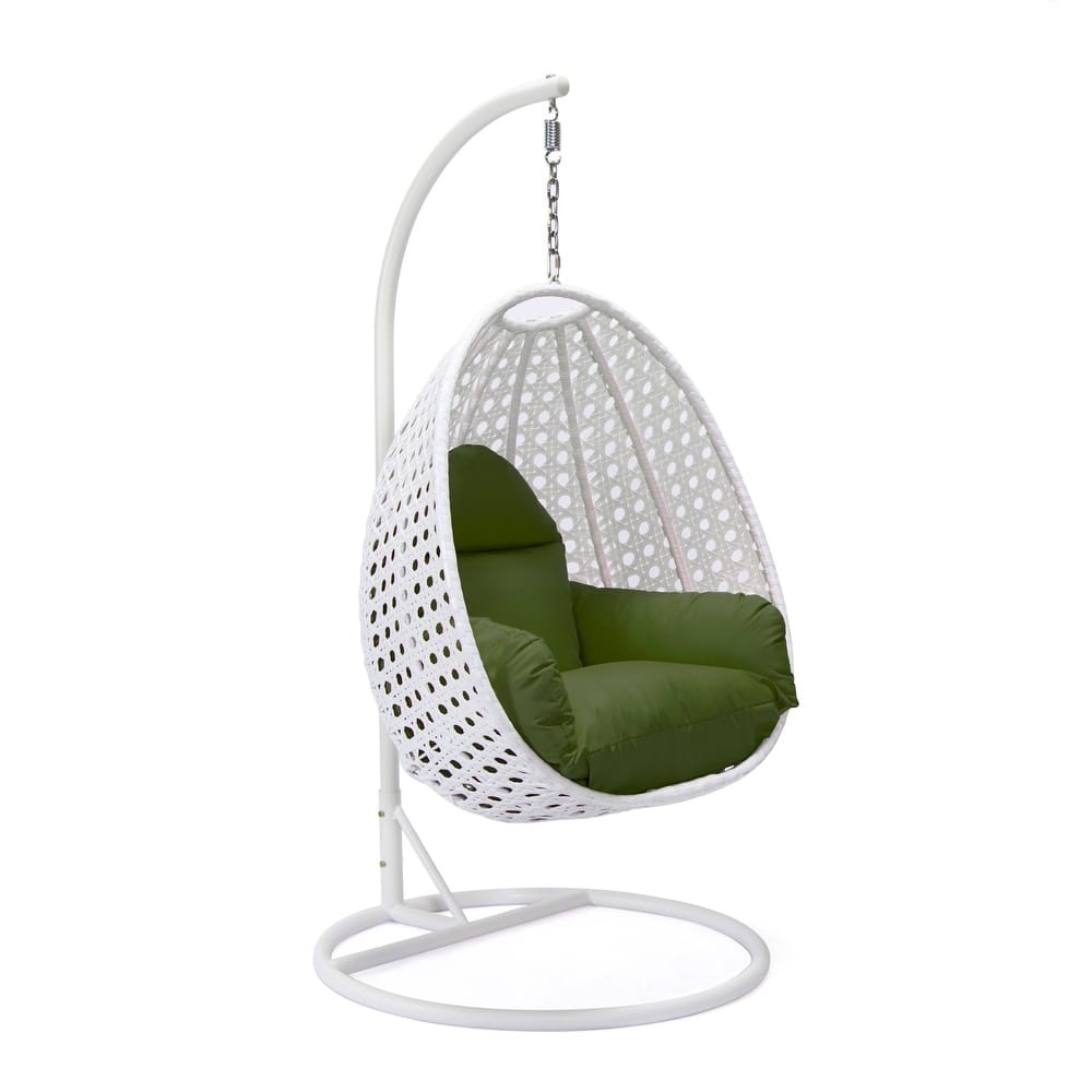 Patio Hanging Egg Swing Chair with White Wicker Shell and Iron Frame for Indoor Outdoor Patio Porch Garden Backyard