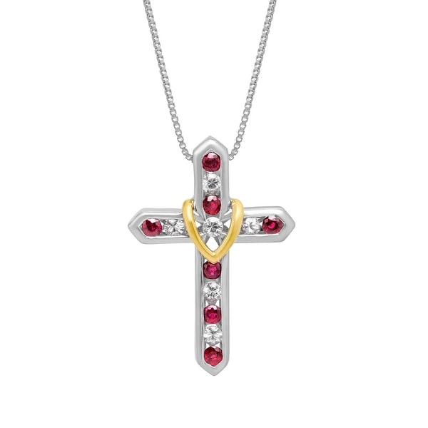 1 1/5 ct Natural Ruby & White Sapphire Cross Pendant in Sterling Silver & 14K Gold - Red
