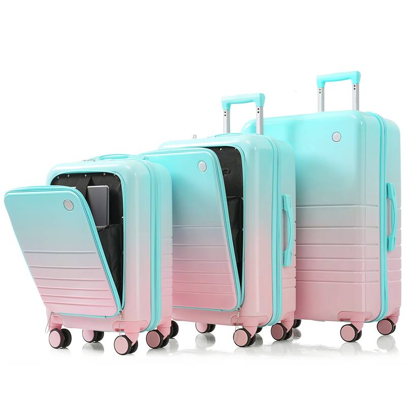 High Quality Front Opening Luggage Sets 3 Piece, ABS+PC Hard Carry on Suitcase with USB Port and Cup Holder & Spinner Wheels
