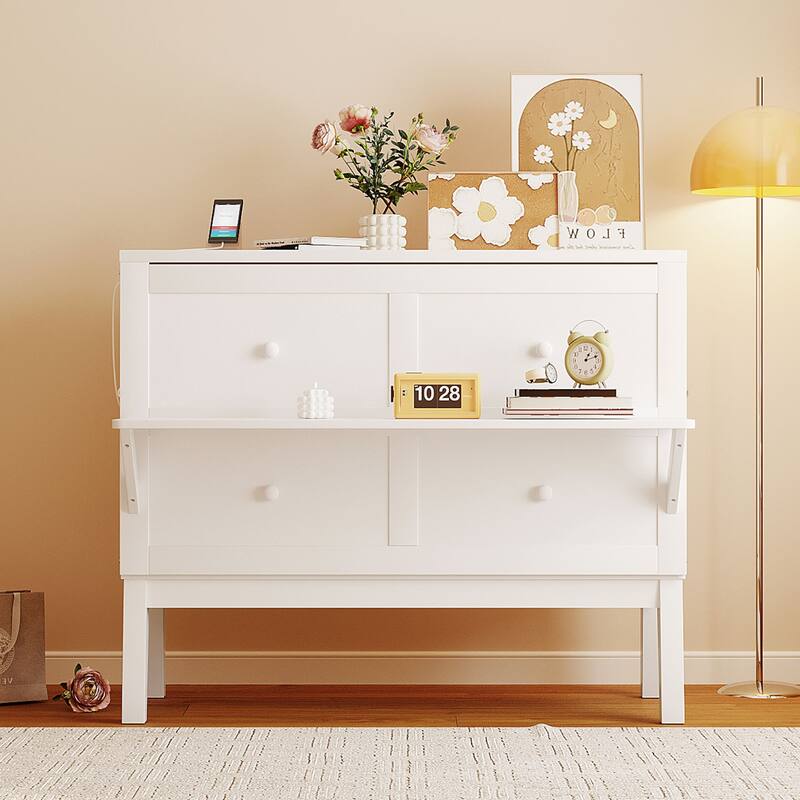 White Murphy Bed Cabinet Bed with USB Port and Desk for Space-Saving, Full Size Platform Bed with Removable Shelves on Each Side