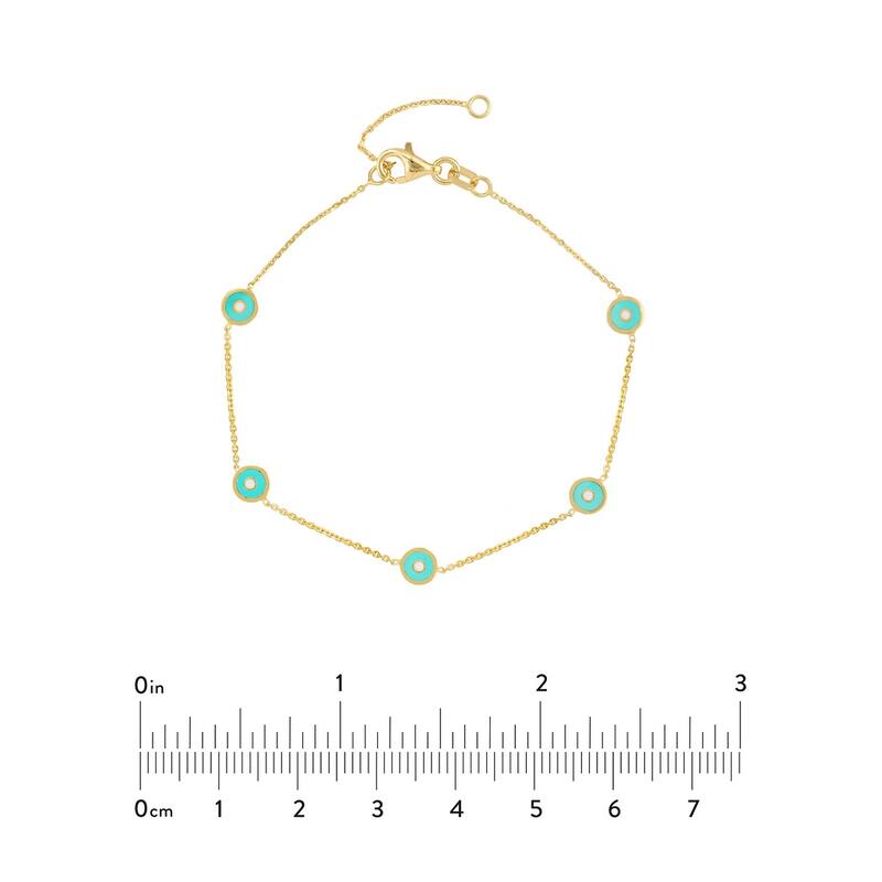 Curata 14k Yellow Gold 7.25" Round Blue Enamel Evil Eye Adjustable Bracelet