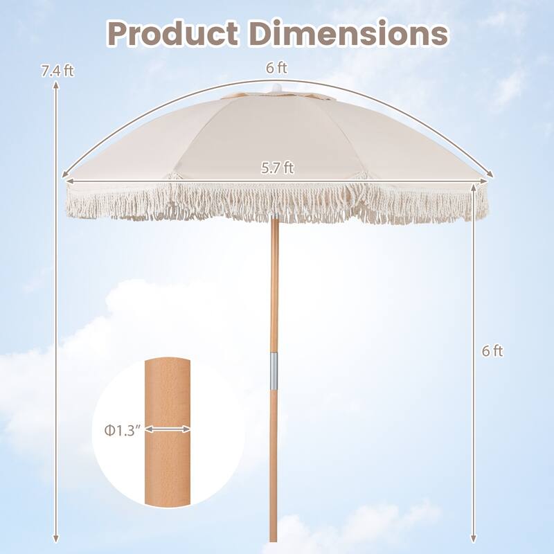 Gymax 6 FT Patio Umbrella w/ Fringe Push Button Tilt 8 Sturdy Ribs