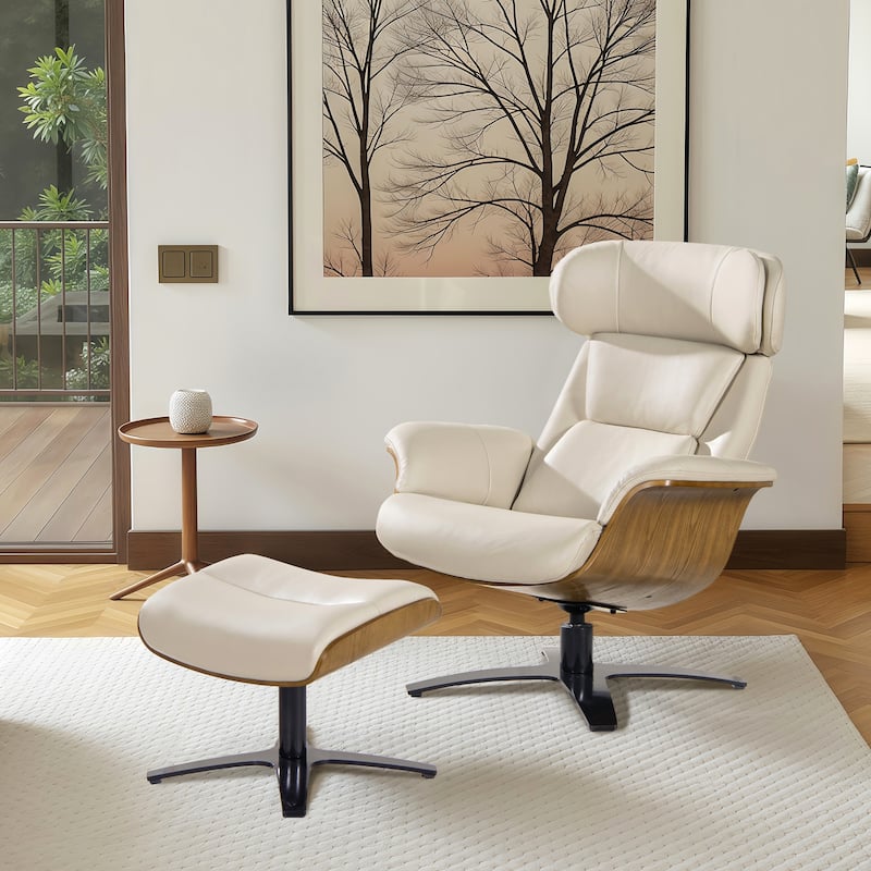 Jovan 31.5" Genuine Leather Recliner Lounge Chair with Ottoman - Pastel Beige Leather