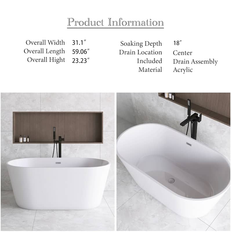 59" x 31" Acrylic Freestanding Soaking Bathtub in White - 59" x 31"