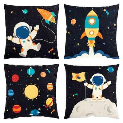 4 Pack Spaceship Decorative Kids Throw Pillow Covers, 4 Designs, Astronaut, Rocket Ship, Galaxy Theme (18 x 18 In)