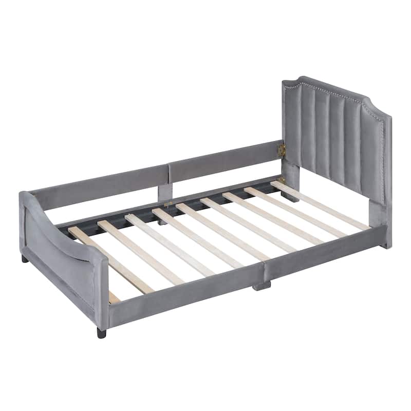 Twin Size Upholstered Daybed with Classic Stripe Shaped Headboard