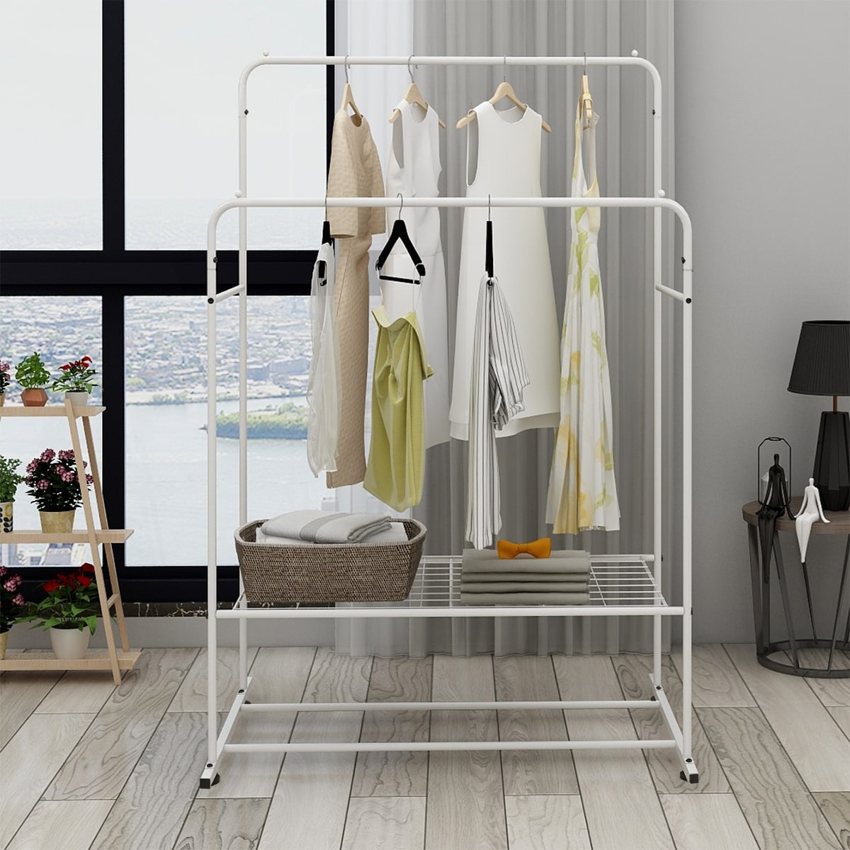 Heavy Duty Clothes Rack,Wire Garment Rack for Hanging  Clothes,Multi-Functional Bedroom Clothing Rack with 5 Hanger Rod,7  Shelves,2 Side Hooks,Extra