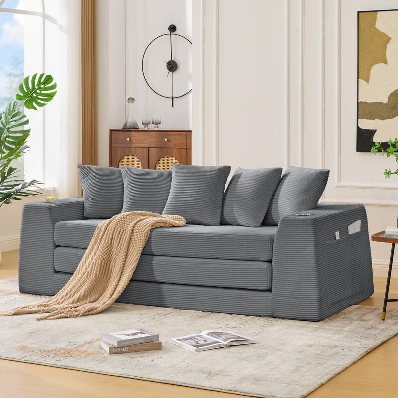 2 in 1 Convertible Sofa Bed, Sleeper Sofa with Storage Pockets, Pull Out Loveseat Couch with Two Cup Holders