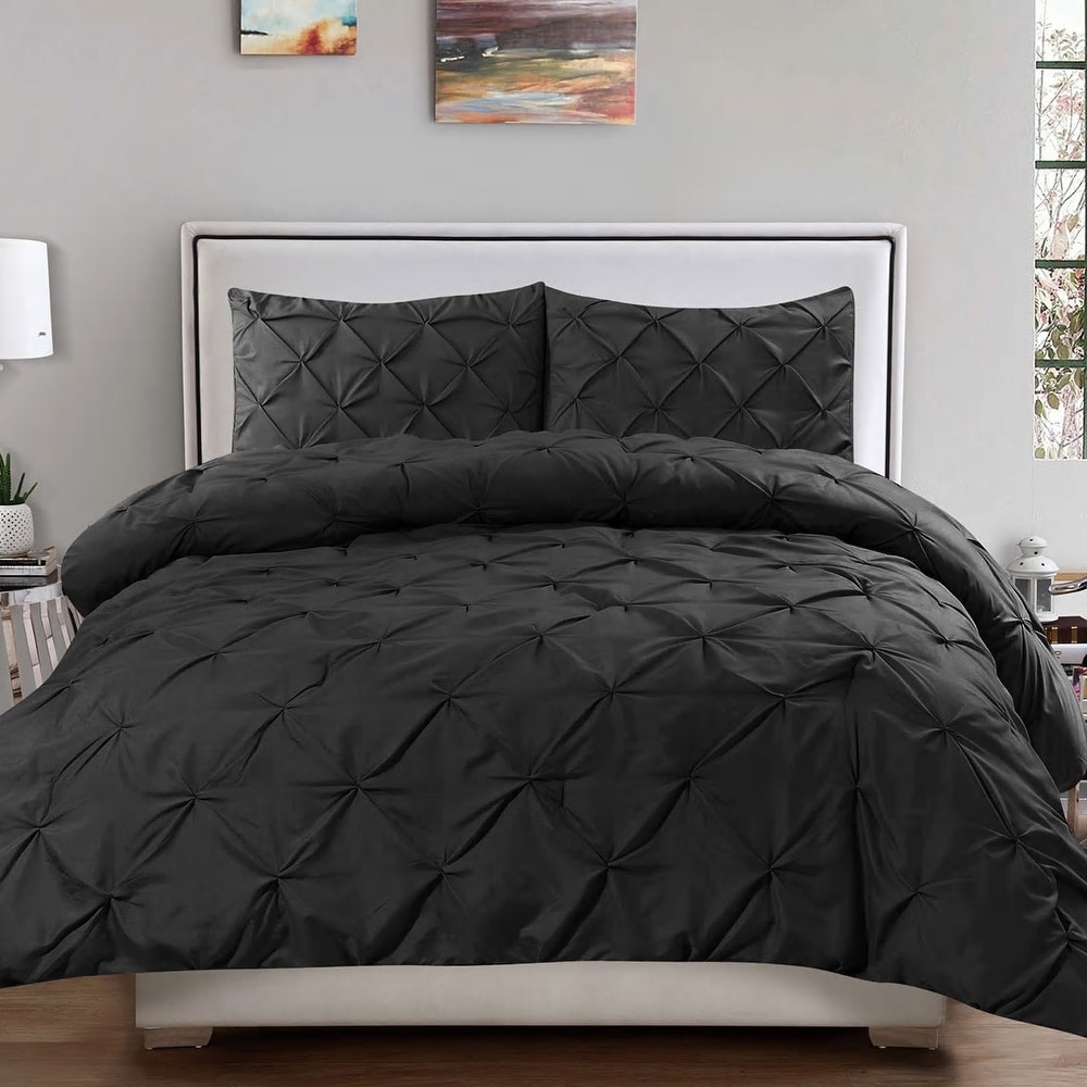 Pintuck Bedding Set Check Print Duvet Quilt Cover Double King Percale PillowCase 