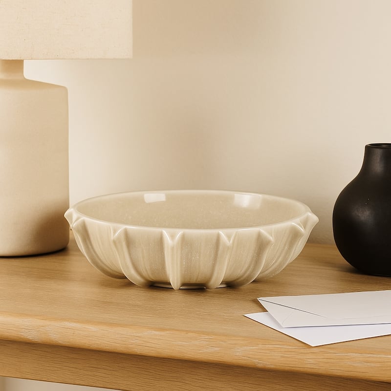 Decorative Round Bowl with Scalloped Rim - Home Decor - 16", Taupe - 15.5"