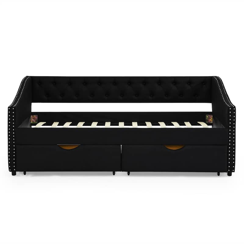 Twin Size Upholstered Tufted Daybed with Drawers and Copper Nail