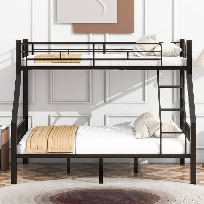 Bunk Bed Frame with Ladder and Guardrail, White Black Optional - Twin xl over Queen - Black