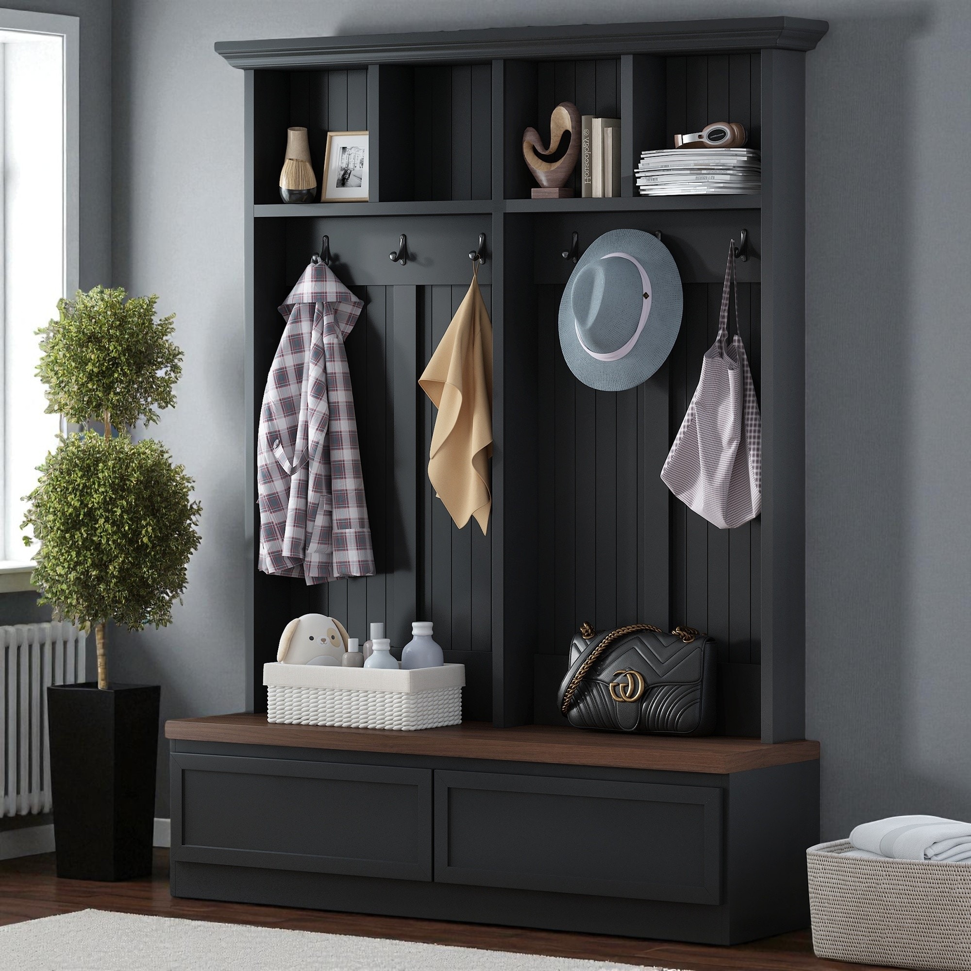 Farmhouse 4-in-1 Hall Tree with Wood Grain Bench & 2 Drawers, Entryway Organizer with Coat Hooks & Shelves for Hallway