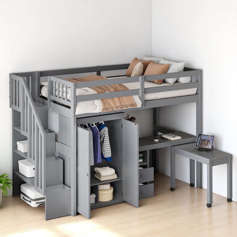 Twin/Full Size Loft Bed with Desk, Wardrobe, Drawers & Stairs, Wood Frame Study Bed with Storage for Kids/Teens