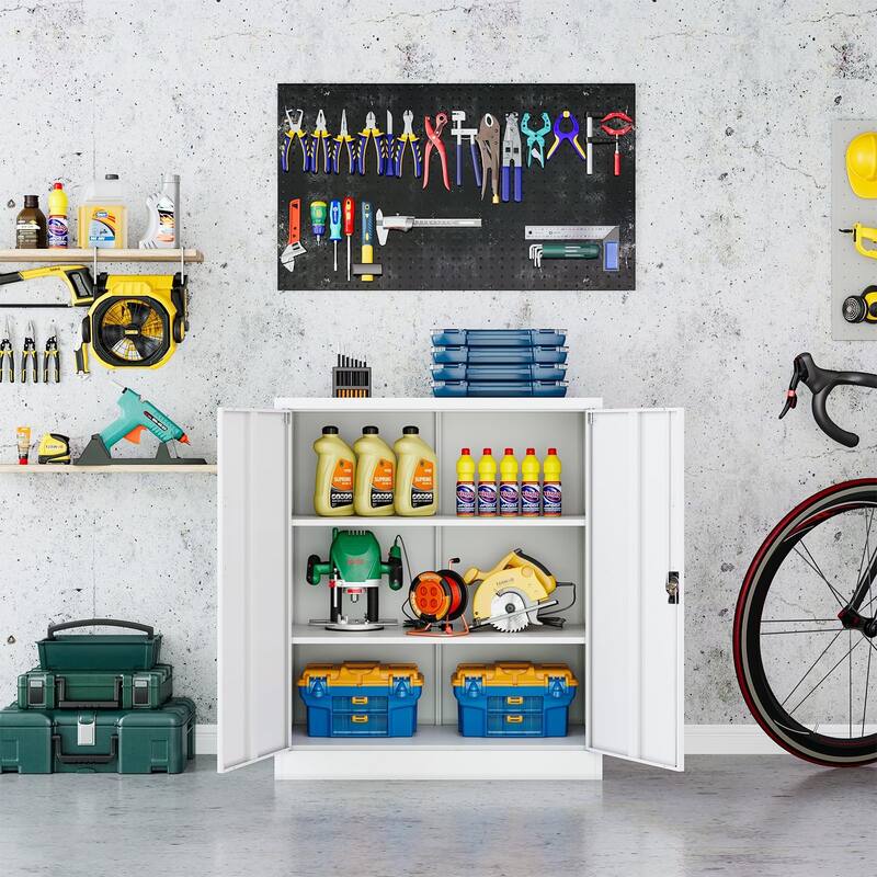 Metal Storage Cabinet with Locking Doors and Adjustbale Shelves for Garage, Home Office,School,Gym - White