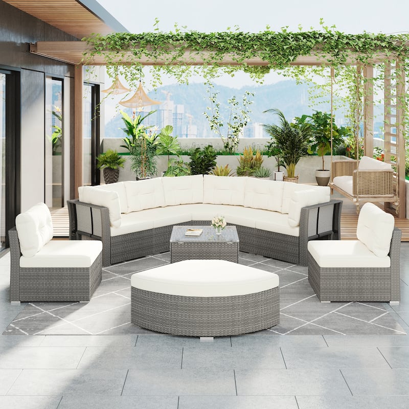 Rattan Sectional Outdoor Furniture Set with Cushions Modular Daybed Iron Frame for Patio Garden Use