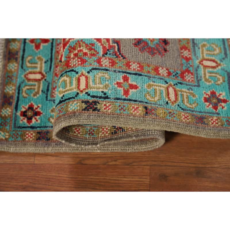 Geometric Kazak Foyer Rug Handmade Traditional Grey Wool Carpet - 2'0" x 3'0"